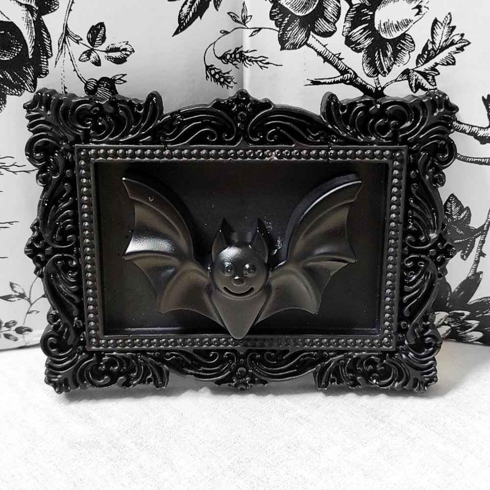 Mini 3.75" HAPPY WINGED BAT Plaque • Black Victorian Gothic Framed 3D Flying Bat